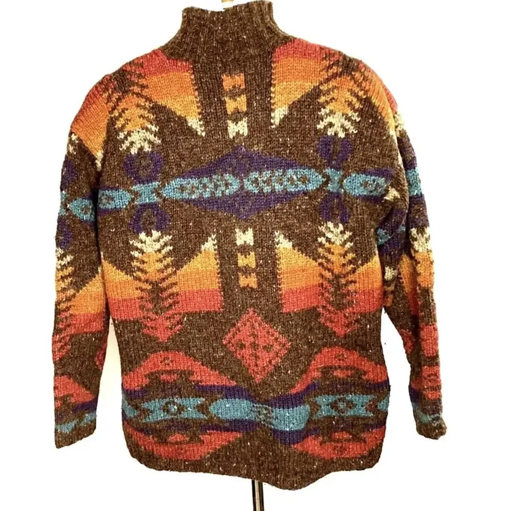 Ralph Lauren hand knit silk wool blend Brown Navajo Aztec Southwestern sweater M